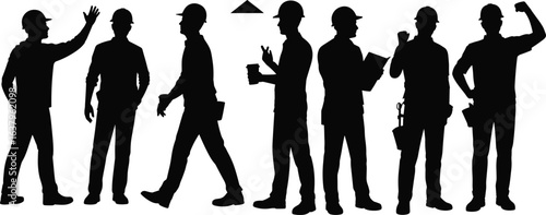 Silhouettes of construction workers standing, walking, gesturing, wearing hard hats, safety gear, teamwork, industry professionals, building site, labor force, workmen in action.