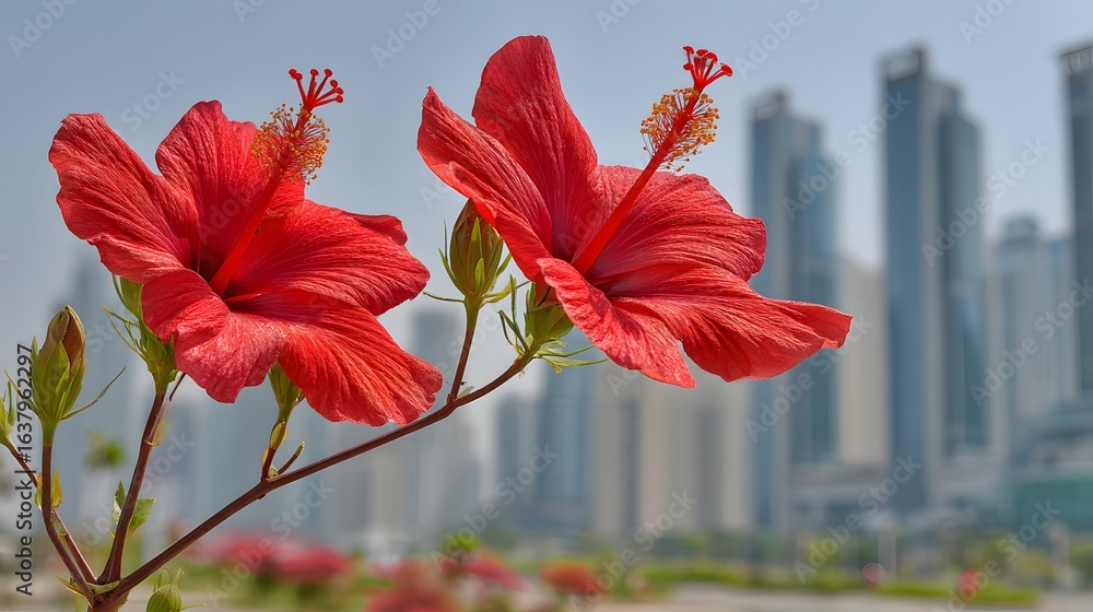 Fototapeta premium Vibrant red hibiscus flower in front of city buildings.