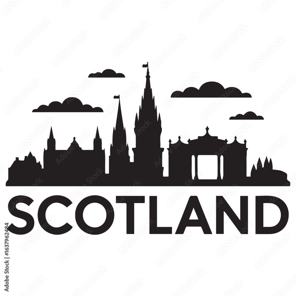 Naklejka premium Vector Scotland skyline. Travel Scotland famous landmarks. Business and tourism concept for presentation, banner, web site. Vector black silhouette. with white background.