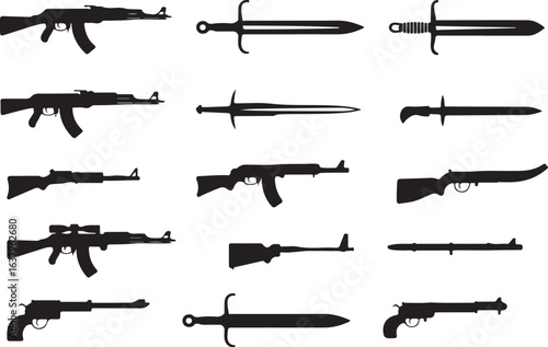 Collection of black silhouette firearms and swords on white background rifle pistol