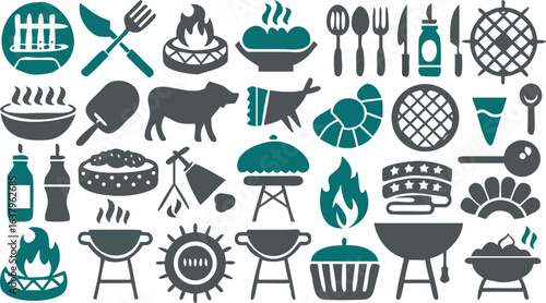 Collection of various grilling and cooking related icons including food and utensils for outdoor cooking