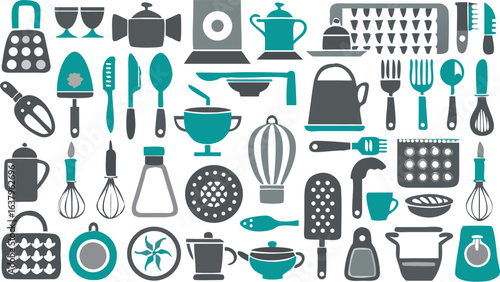 Collection of kitchen utensils including pots pans cutlery and other cooking implements in teal and gray