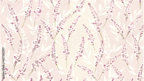 Floral pattern featuring light pink flowers and leaves scattered on a pale background in a seamless design