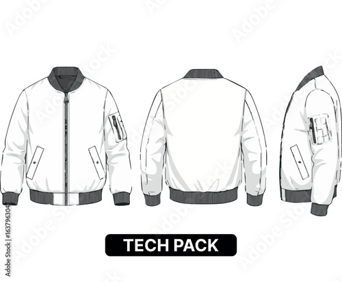 Bomber jacket tech pack vector template. Technical drawing with front, back, and side views.