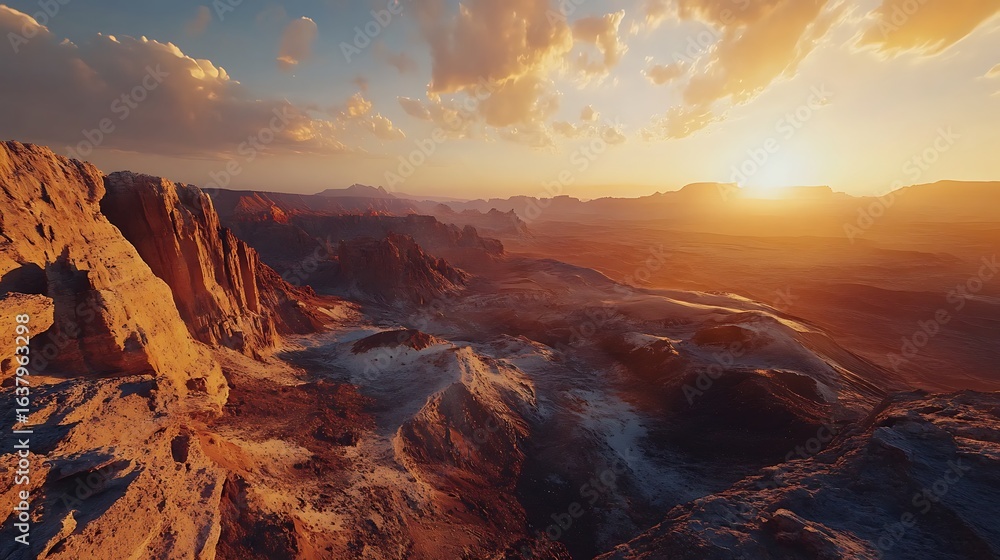 Obraz premium Desert Landscape at Sunset with Rocky Cliffs and Warm Light