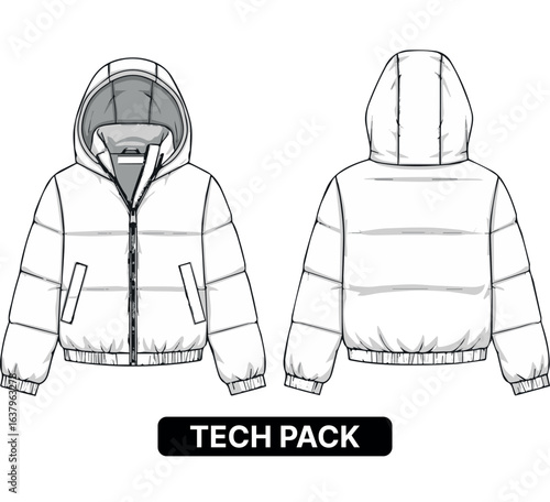 Fashion design technical flat sketch of a hooded puffer jacket with front and back views.