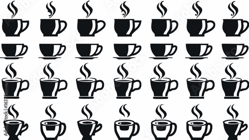 A grid of twenty four black and white coffee cups with steam rising from the hot beverages inside them