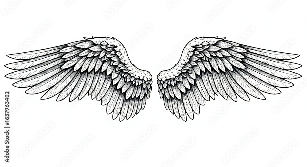 Obraz premium Detailed Angel Wings Illustration on White Background for Graphic Design Elements and Spiritual Themes Representing Freedom and Grace
