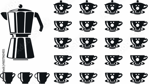 Illustration showing a moka pot and several coffee cups arranged in a grid pattern on white background