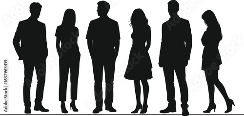 Silhouettes of diverse young business people standing together, professional team, corporate group, teamwork concept, collaboration, leadership, unity, success, diversity.