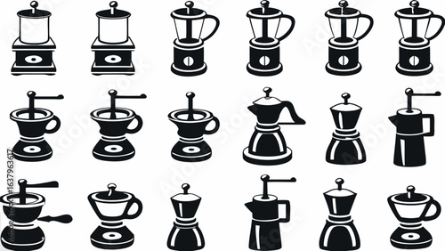 Illustration showing a collection of black and white coffee makers and coffee grinders in various styles