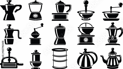 Illustration of various coffee brewers and grinders in black silhouette on a white background design style