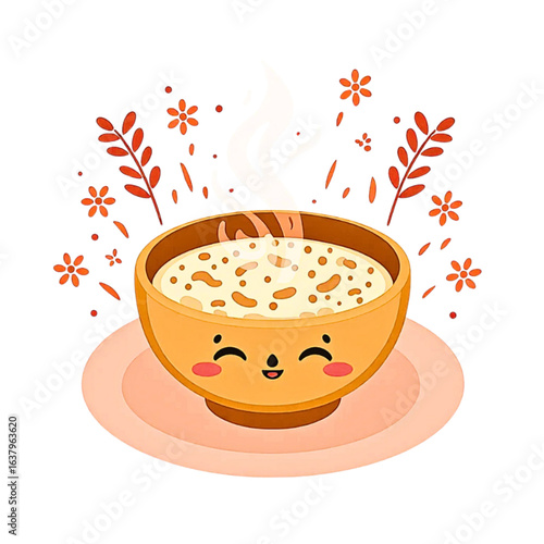 Cute kawaii-style vector icon of amaranth porridge bowl with smiling face