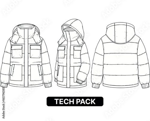 Hooded puffer jacket technical flat sketch for fashion design. Vector apparel tech pack template.