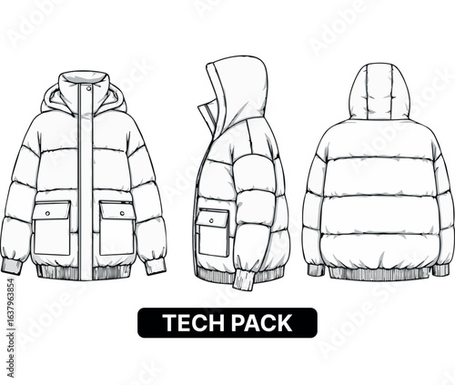 Puffer jacket tech pack illustration with front, side, and back views for fashion design