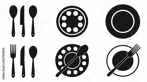 Illustration of cutlery and plates in black and white featuring spoons forks and knives in various arrangements