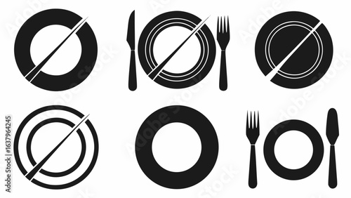 Collection of black and white dining icons featuring plates, knives, and forks in various arrangements