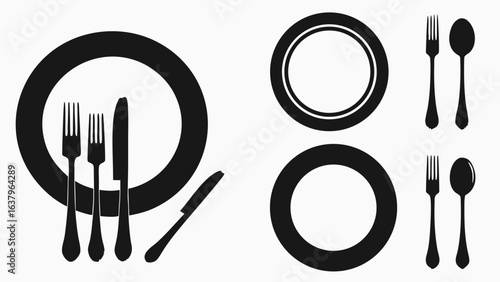 Black and white illustration of dinnerware including plates forks spoons and knives in various arrangements