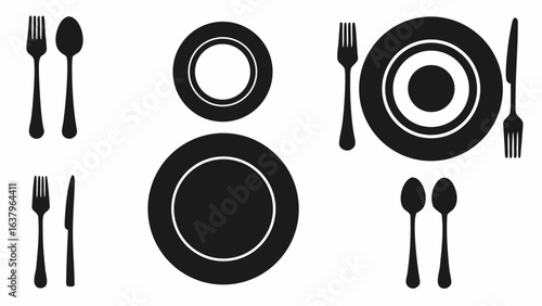 Illustration of various place settings with plates forks spoons and knives in a simple black design