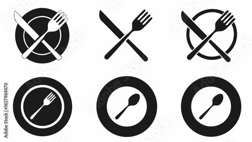 Illustration of six dining etiquette icons with plates, forks, knives, and spoons in black and white