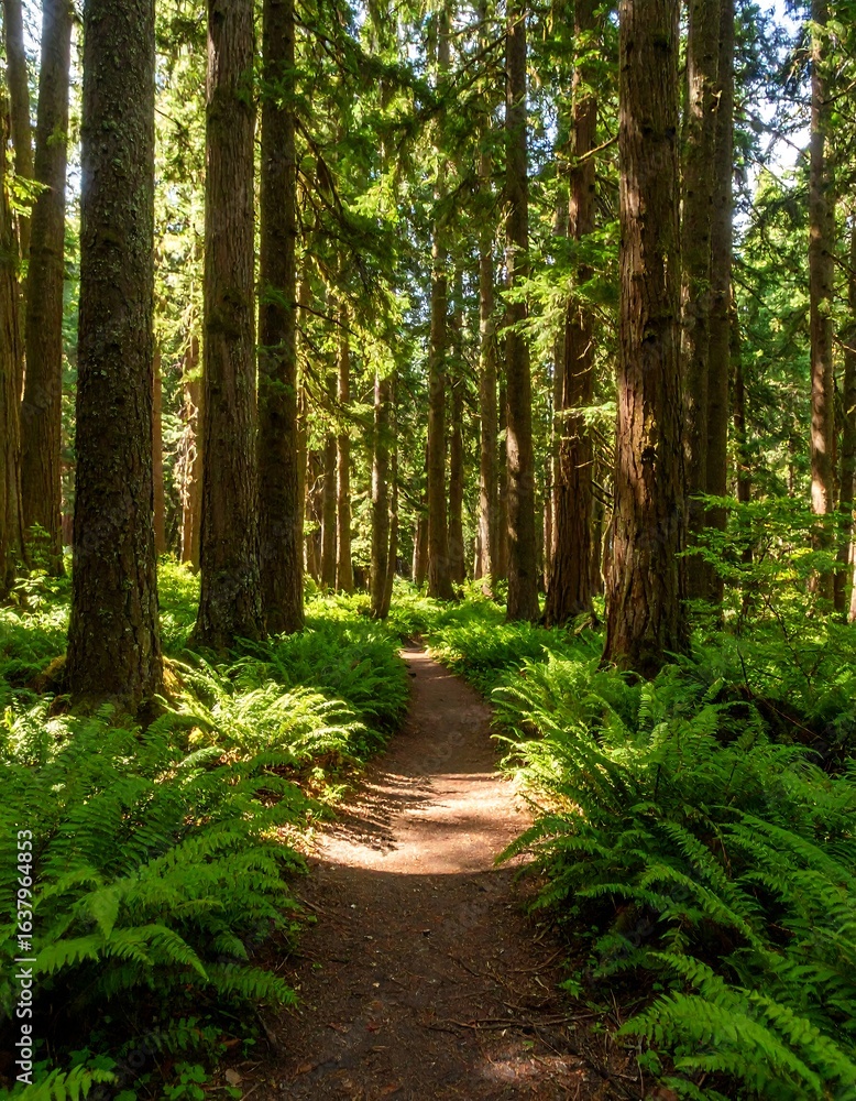 Fototapeta premium Sun-dappled path winds through lush forest, ferns lining a dirt trail