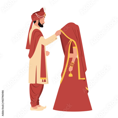 Minimal Hindu Wedding Groom Lifting Bride Veil Romantic Vector Illustration