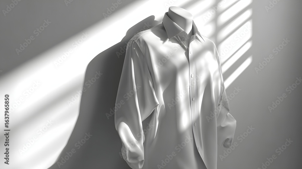 Fototapeta premium White button-down shirt on a mannequin, illuminated by sunlight.
