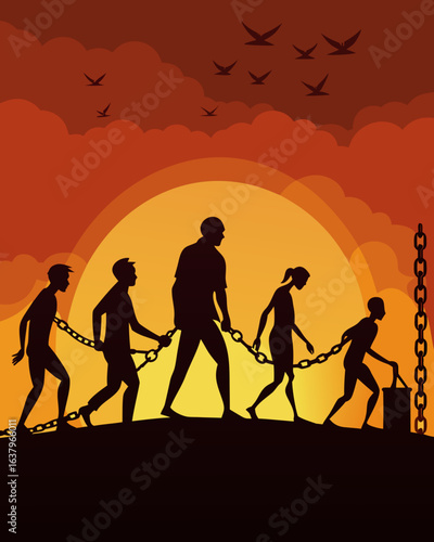 Silhouette of chained figures marching towards freedom against a vibrant sunset sky with birds soaring overhead