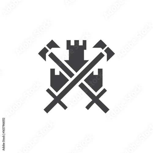 Medieval Castle Tower with Crossed Axes and Swords Emblem fortress