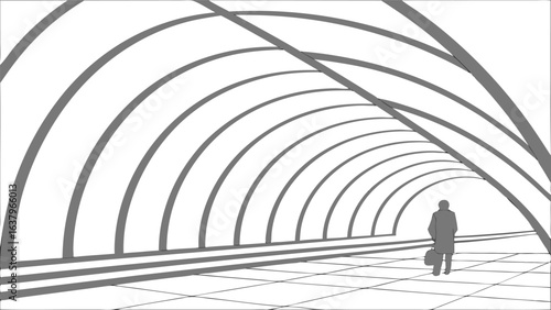 Abstract tunnel perspective with a silhouette of a person carrying a briefcase, creating a sense of depth and mystery isolated on white background