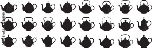 Collection of black teapot silhouettes with varied designs and handles kettle white background