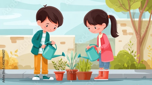 Two children watering plants in school garden, teamwork and responsibility, bright sunny day, cartoon style