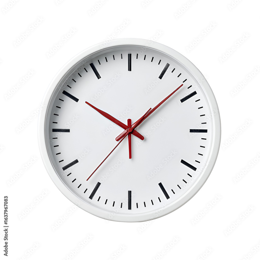 Modern white wall clock with red hands isolated on transparent background Modern white wall clock with red hands isolated on transparent background
