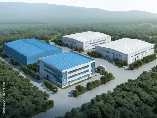 Aerial View of Industrial Park Factory Buildings, Modern Industrial Architecture Integrated with Natural Environment
