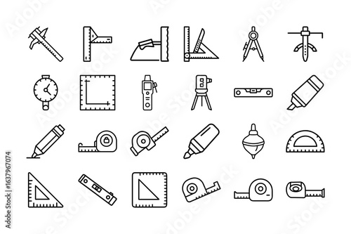 Measuring & Marking Tools Vector Icon Set. Caliper, ruler, compass, protractor, tape measure, level, pencil, and more. For construction and design. Editable stroke. Vector illustration.
