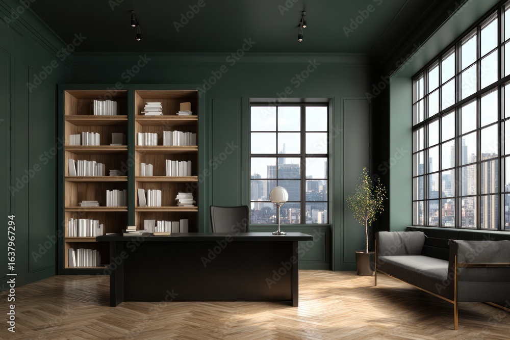 Fototapeta premium Modern dark green office with city view