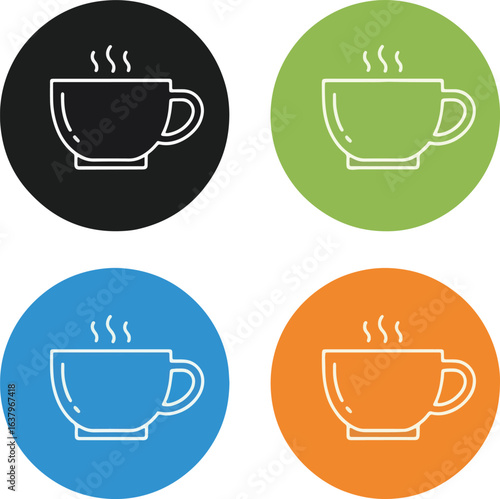 A set of four minimalist line art icons depicting steaming hot beverage mugs on colorful circular backgrounds.