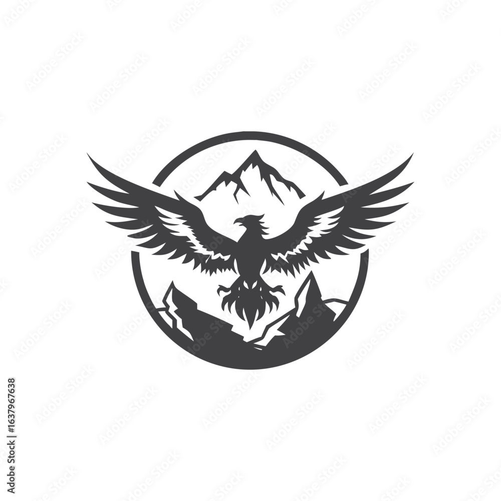 Obraz premium Silhouette of an Eagle Spreading Wings Over Mountains in a Circle bird hawk