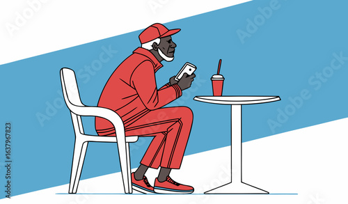 Vector illustration of an elderly Black man in red clothes sitting at a plastic table with a speaker and drink, against a blue background, minimalist style               