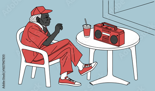 Vector illustration of an elderly Black man in red clothes sitting at a plastic table with a speaker and drink, against a blue background, minimalist style               