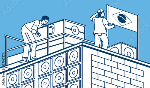 Vector illustration of men setting up a wall of speakers on a favela rooftop in Rio de Janeiro with Brazilian flag, in flat and minimalist style against blue background      