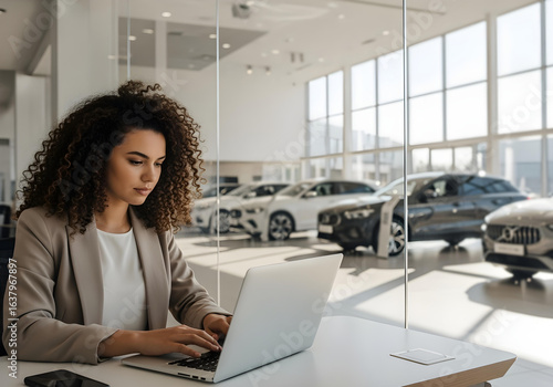 Businesswoman working on laptop in modern car dealership office with new vehicles displayed in background