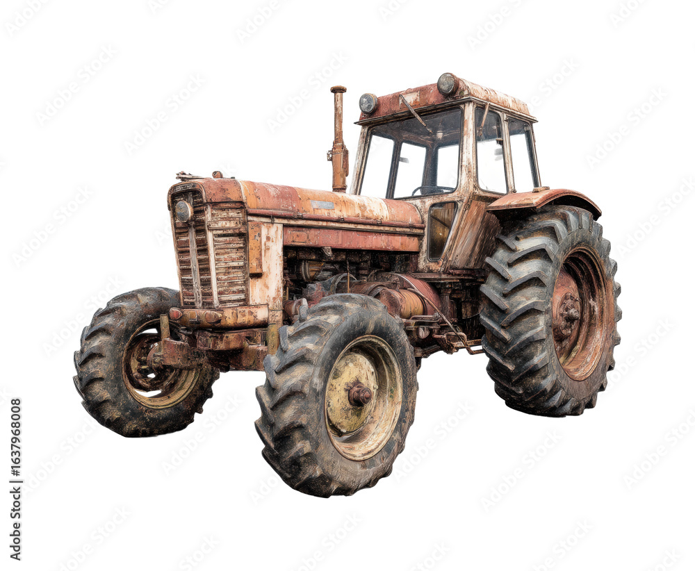 Rustic tractor in agricultural field farming equipment environment, isolated on transparent background, png Rustic tractor in agricultural field farming equipment environment, isolated on transparent background, png