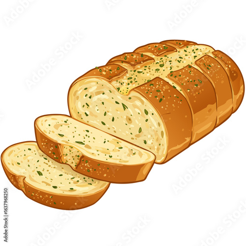 sliced garlic bread loaf with herbs, crispy texture and appetizing appearance

