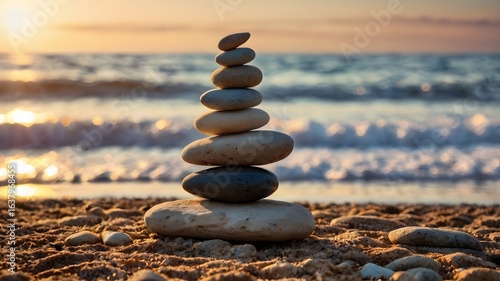 A tranquil cairn of stacked stones on a sandy shore with gentle ocean waves during a golden sunset. Represents balance, mindfulness, and serenity.