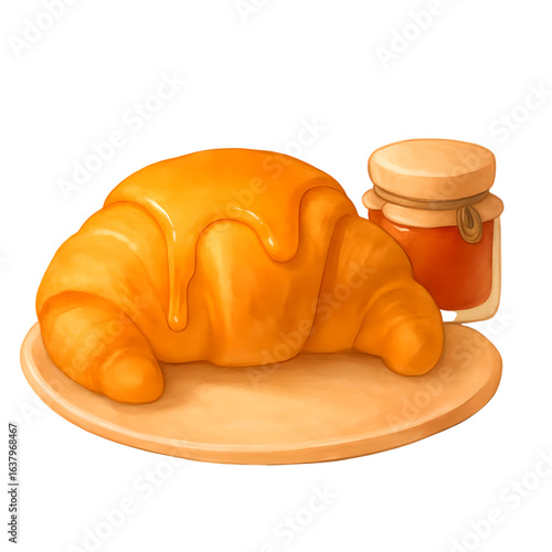 golden croissant on a small pastel pink plate with a tiny jar of strawberry jam