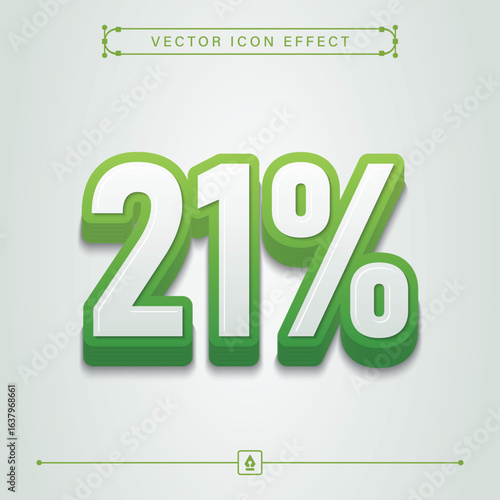 21 Percent 3D Eco Green Icon with Modern Realistic Vector Effect for Ecology and Nature, 21% Sign, Twenty One Percent 3D Symbol