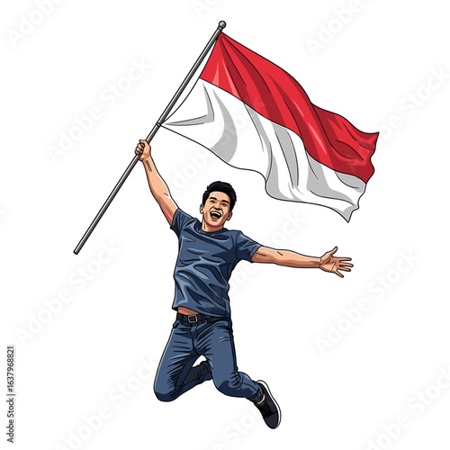 A joyful man leaps while holding and waving the Indonesian flag high in the air.