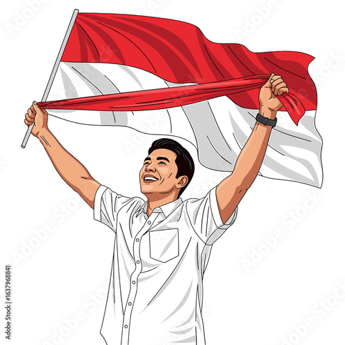 A joyful man leaps while holding and waving the Indonesian flag high in the air.