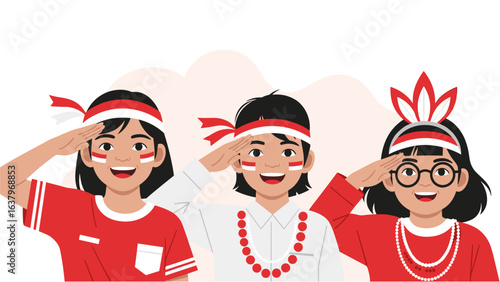Vector illustration of young Indonesians saluting for Independence Day celebration